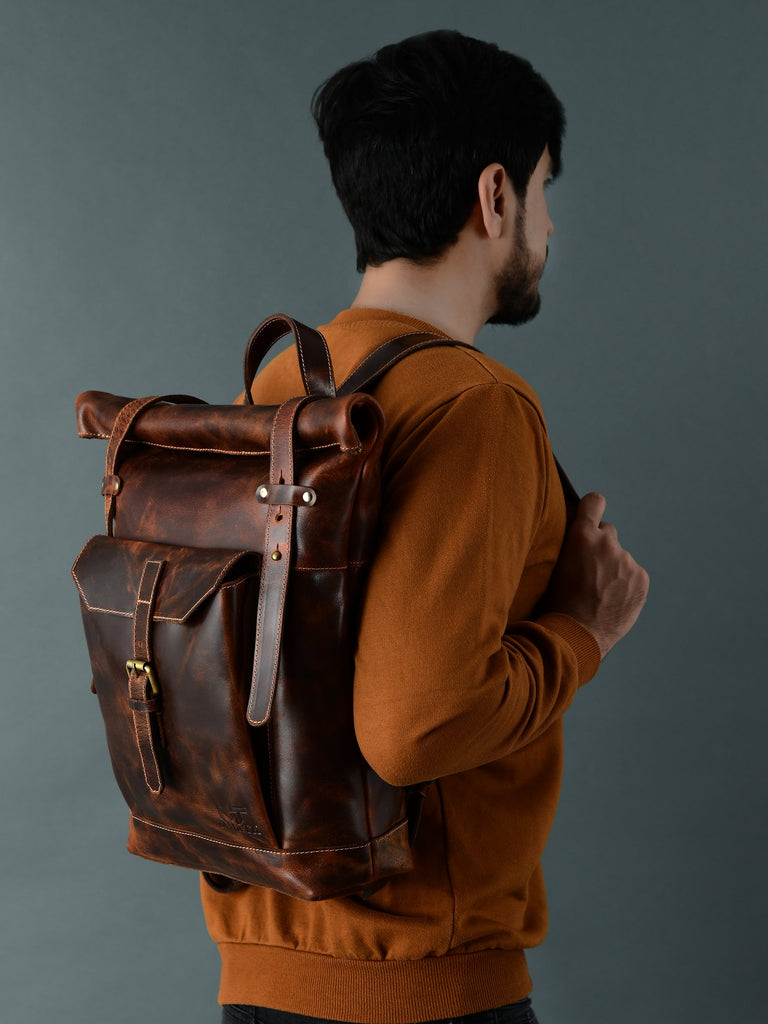Brown Saddleback Backpack- Roll Top Classy Leather Bags