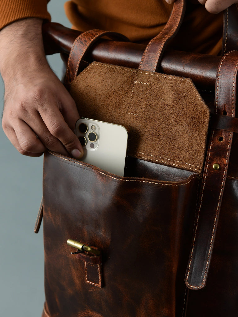 Brown Saddleback Backpack- Roll Top Classy Leather Bags