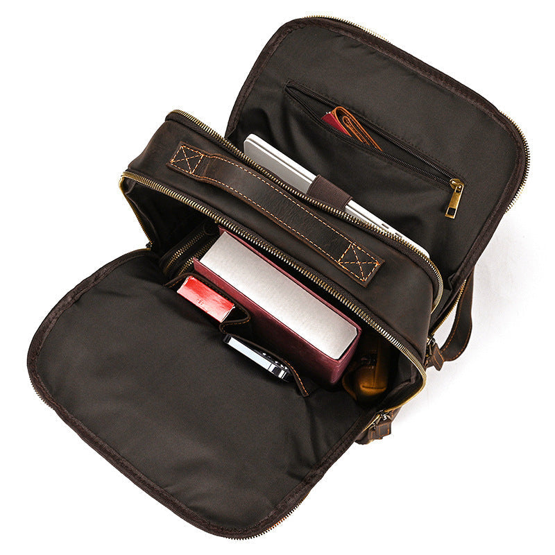 Double Zipper Main Bag Genuine Leather Large Capacity Crazy Horse Leather Outdoor Travel Leisure Backpack Social Buzz eSIMs