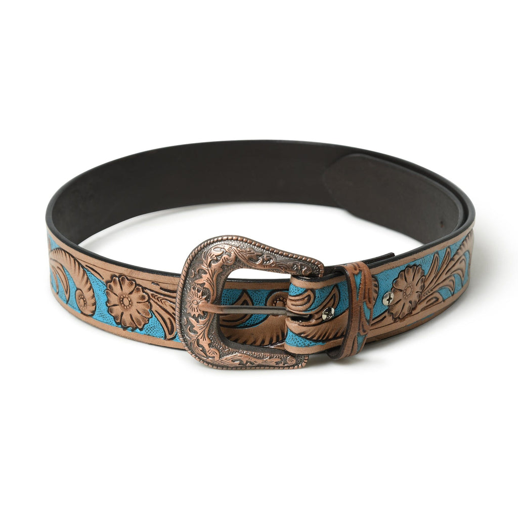 Western Cowboy Leather Belt - Blue & Brown Classy Leather Bags