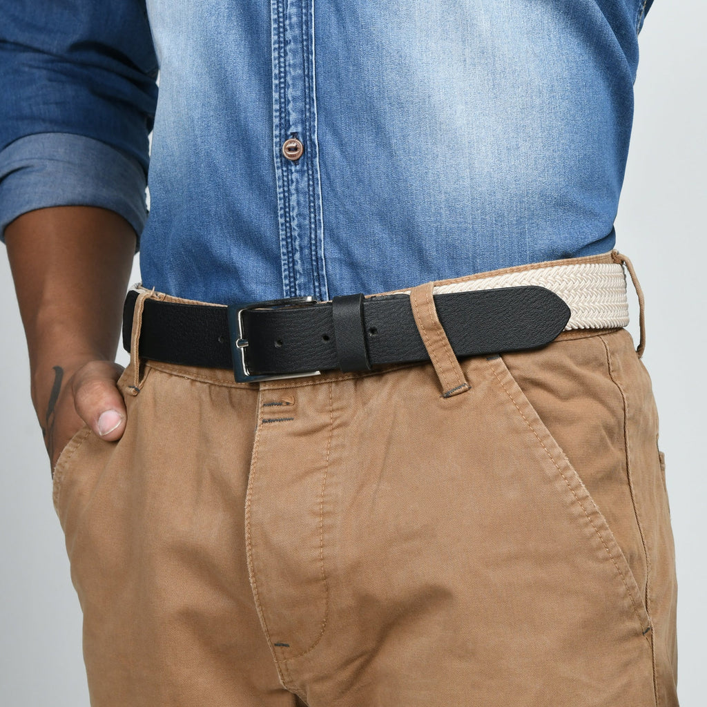 Cream & Black Braided Canvas Leather Belt Classy Leather Bags