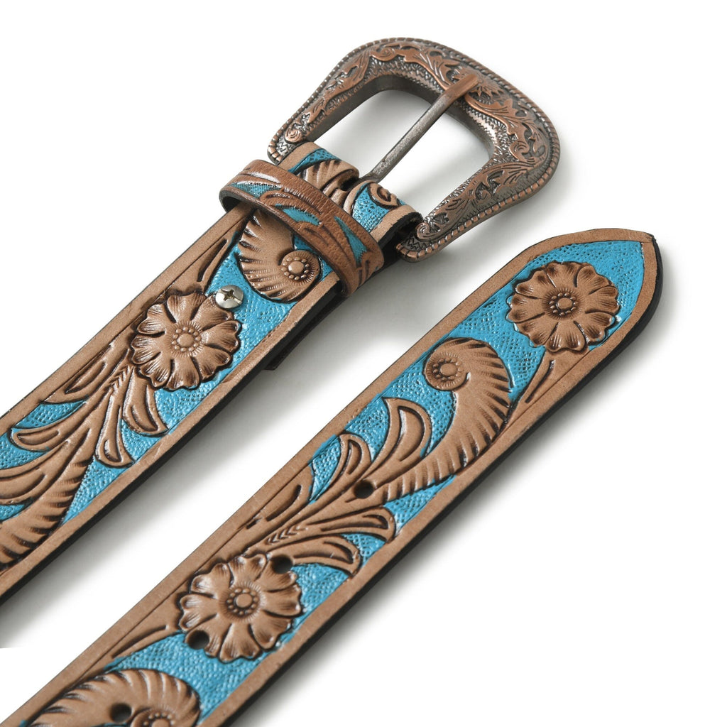 Western Cowboy Leather Belt - Blue & Brown Classy Leather Bags