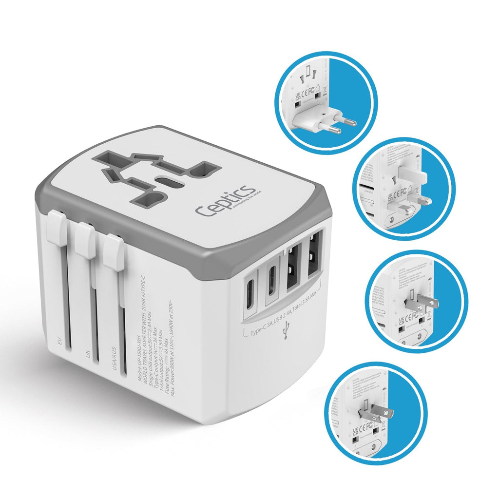 All-In-One International Travel Adapter - 5 in 1 - 2 USB-A & 2 USB-C - Max. 17.5W (3.5A) - White (UP-15KU-WH) Ceptics