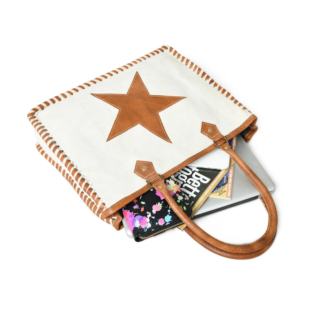 Star Upcycled Canvas Shoulder Tote Classy Leather Bags