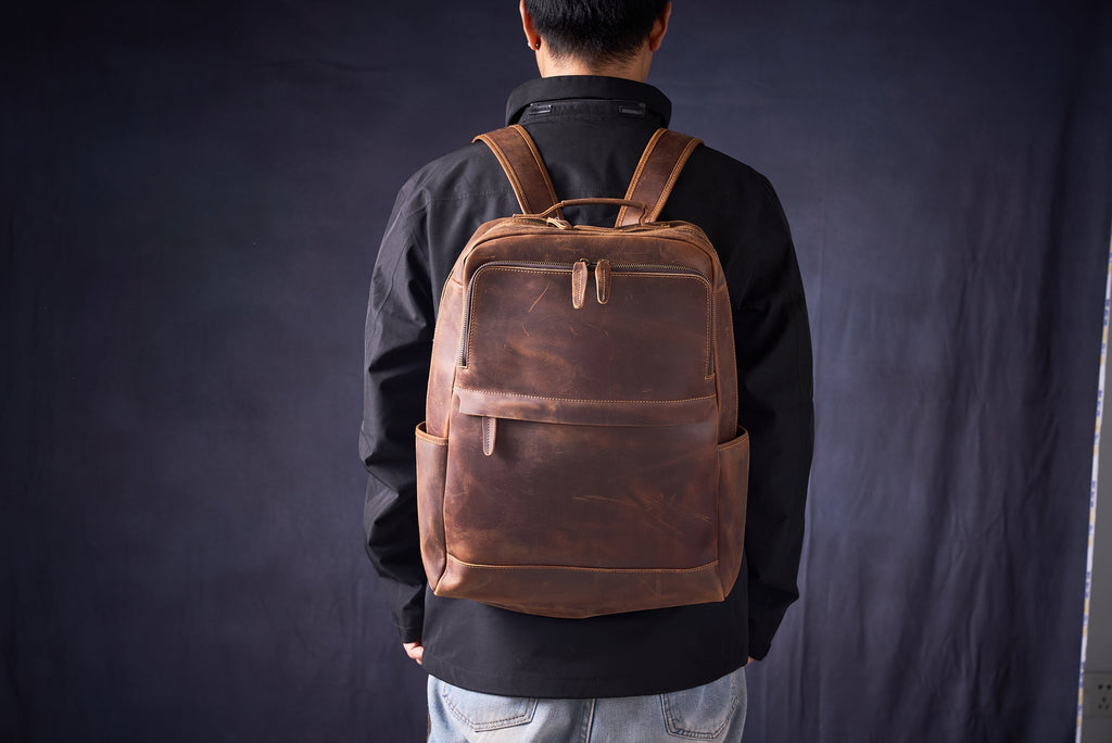 Crazy Horse Leather Backpack Men Laptop Backpack Handmade Travel Backpack MSG7635 RockCow Leather Studio