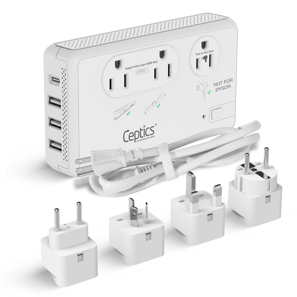200W/2000W Step Down Converter – 2x 200W, 1x 2000W outlets & 3x USB-A + 1x USB-C – AC 220-240V to 110V-120V Travel Voltage Converter - (LX-C2000) Ceptics