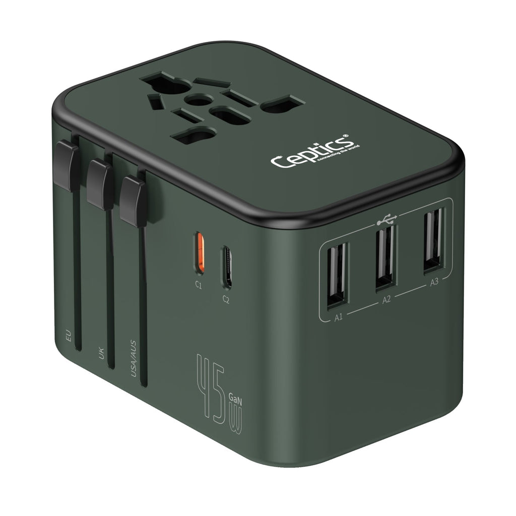 All-In-One International Travel Adapter Plug - 2 USB-C (PD & QC) - 3 USB Ports (UP-11KU) Ceptics