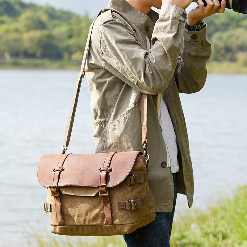 Waterproof Canvas DSLR Camera Bag Canvas Shoulder Camera Bag Messenger Bag QSM3032 RockCow Leather Studio