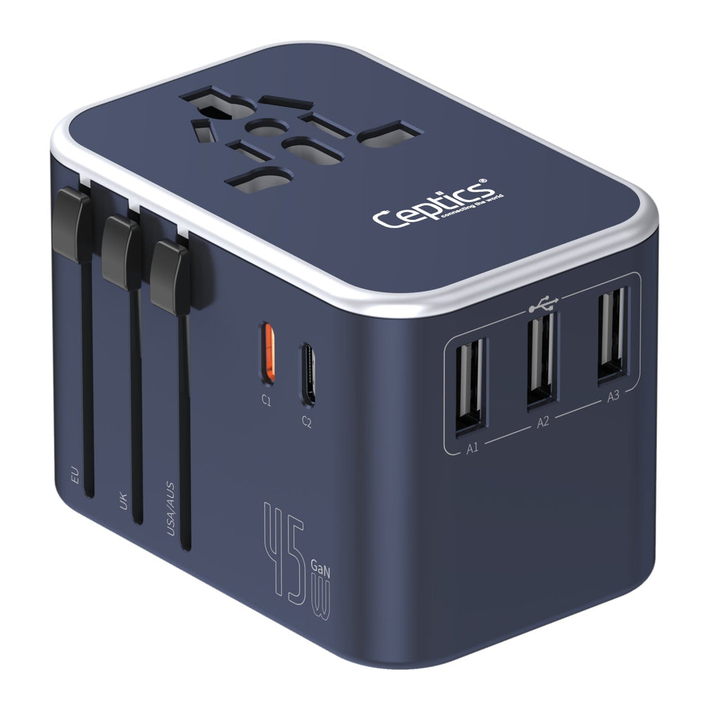 All-In-One International Travel Adapter Plug - 2 USB-C (PD & QC) - 3 USB Ports (UP-11KU) Ceptics