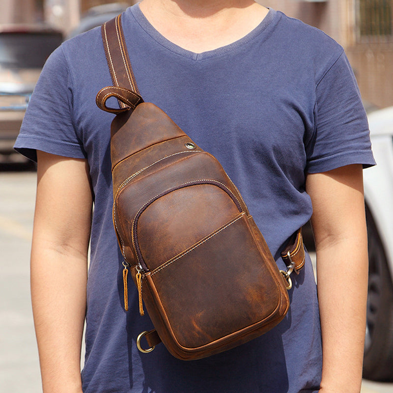 Crazy Horse Leather Chest Pack Handmade Chest Bag Casual Shoulder Messenger Bag RockCow Leather Studio