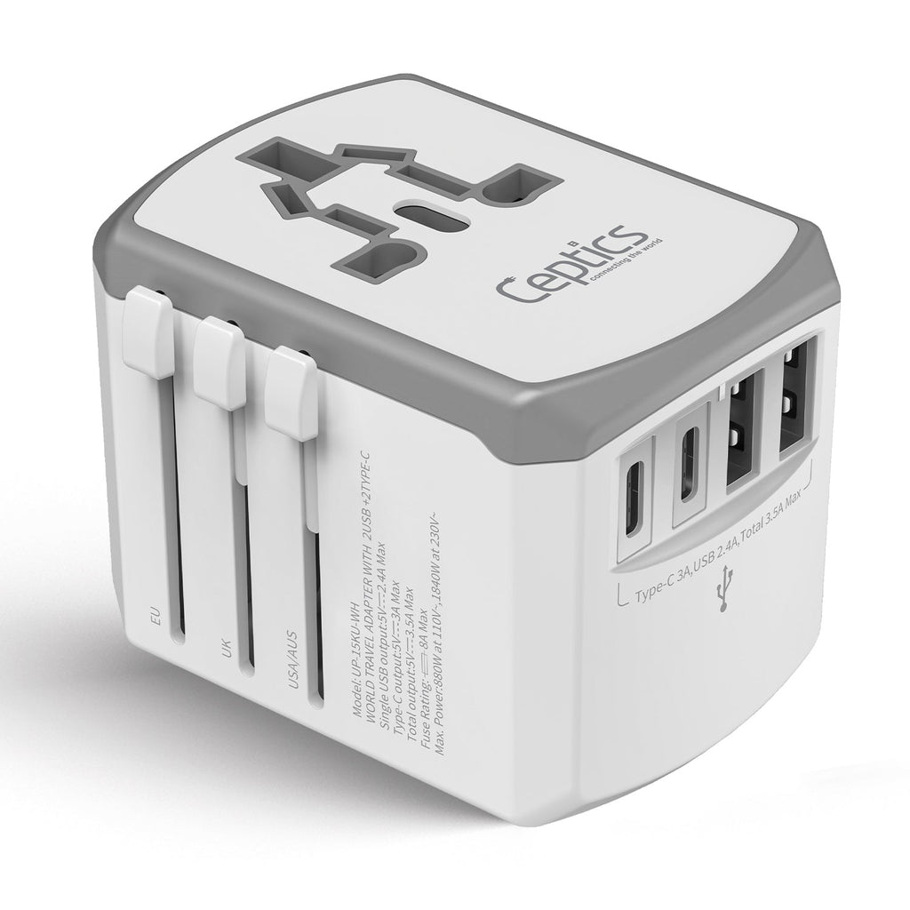 All-In-One International Travel Adapter - 5 in 1 - 2 USB-A & 2 USB-C - Max. 17.5W (3.5A) - White (UP-15KU-WH) Ceptics
