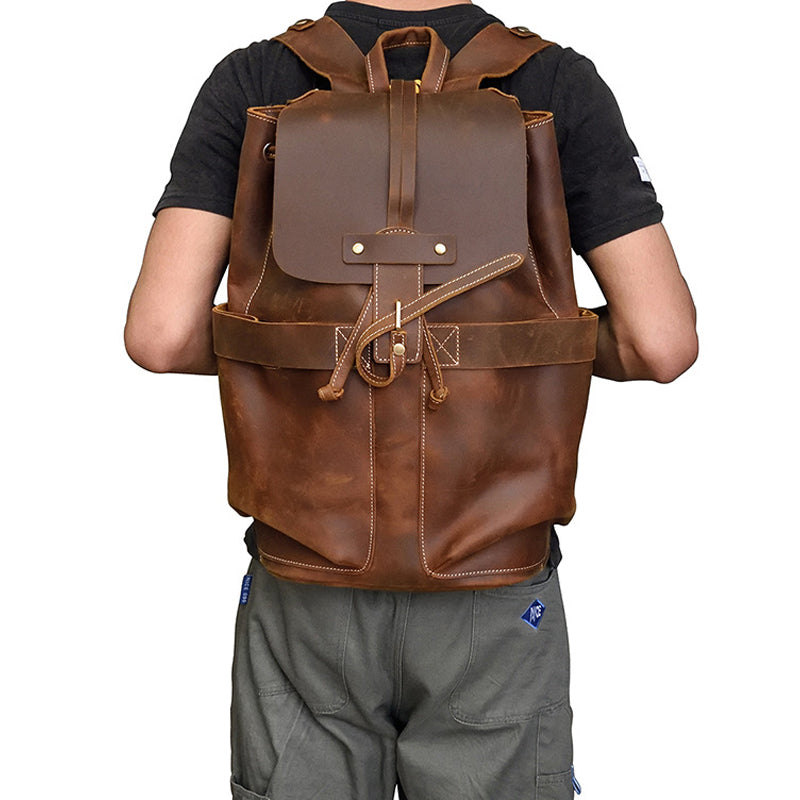 Crazy Horse Leather Travel Backpack Retro Style Full Grain Leather Laptop Backpack For Men RockCow Leather Studio