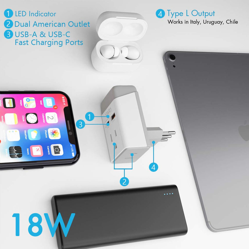Italy, Chile Travel Adapter | Type L - USB-A & USB-C Ports + 2 USA Outlet (AP-12) Ceptics