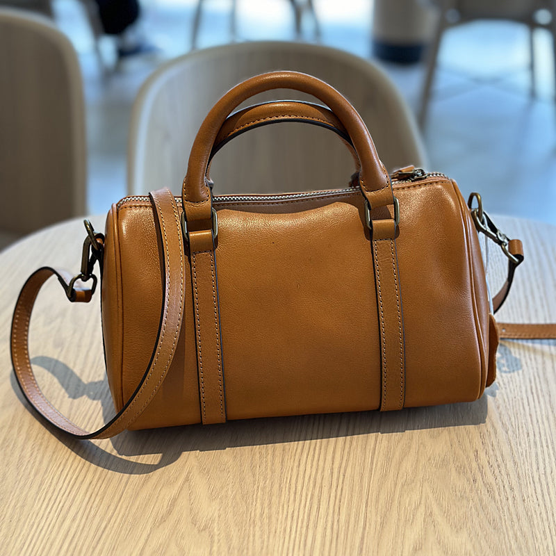 Women's Small Leather Boston Bag, Full Grain Leather Satchel Crossbody Bag, Handmade Leather Barrel Bag RockCow Leather Studio