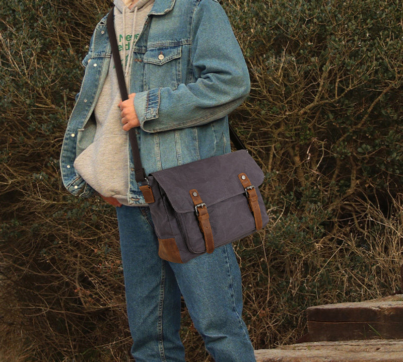Waxed Canvas Messenger Bag Waxed Courier Bag Canvas Shoulder Bag Men Satchel Briefcase Vintage Crossbody Bag RockCow Leather Studio