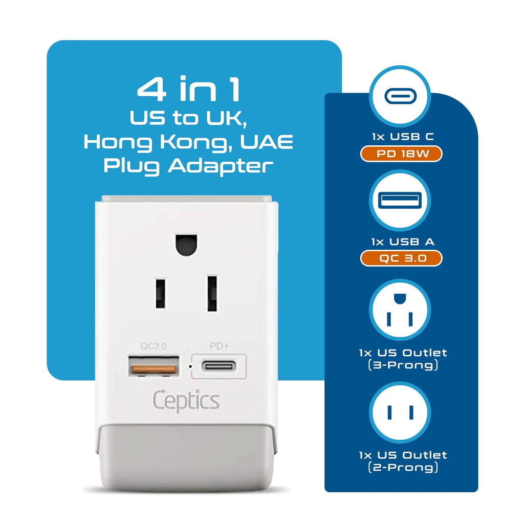 UK, England Travel Adapter | Type G - USB-A & USB-C Ports + 2 USA Outlet (AP-7) Ceptics