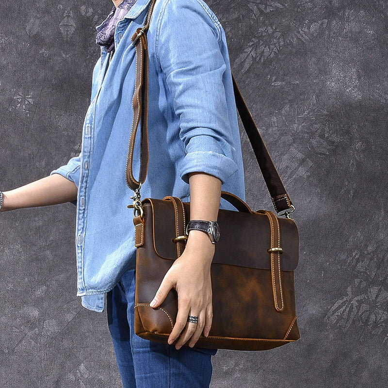 Crazy Horse Leather Men's Briefcase Retro Messenger Bag RockCow Leather Studio