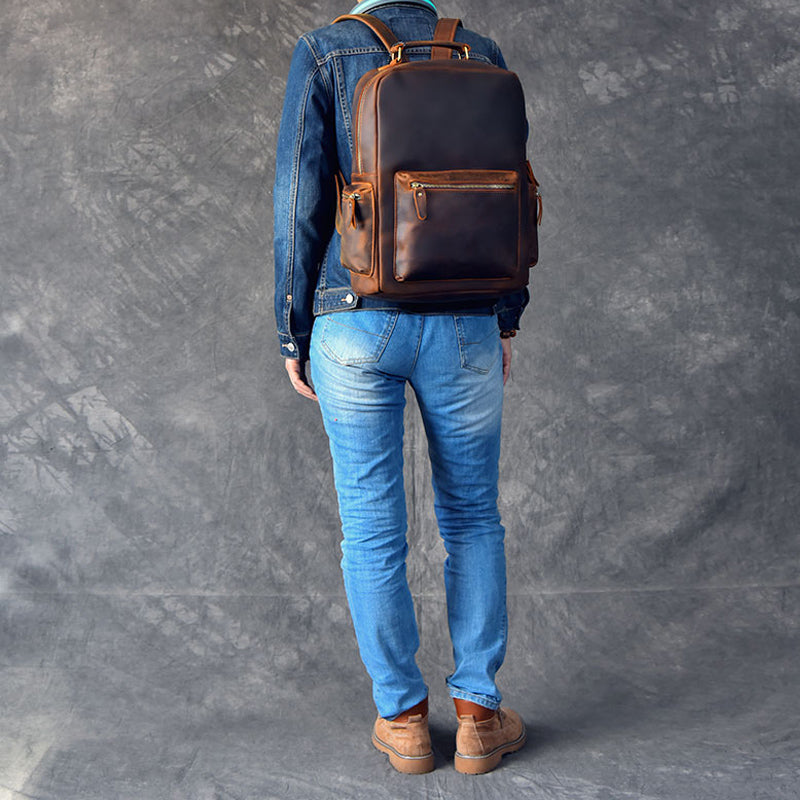 Men Retro Backpack Crazy Horse Leather Travel Backpack Laptop Backpack RockCow Leather Studio