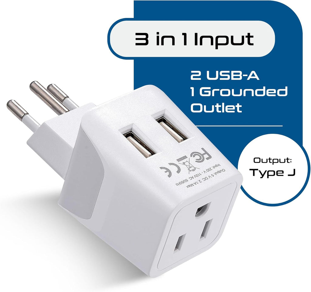 Switzerland Travel Adapter Plug Combo - Type J, C | Dual USB – Swiss Combo (CTU-9C-11A) Ceptics