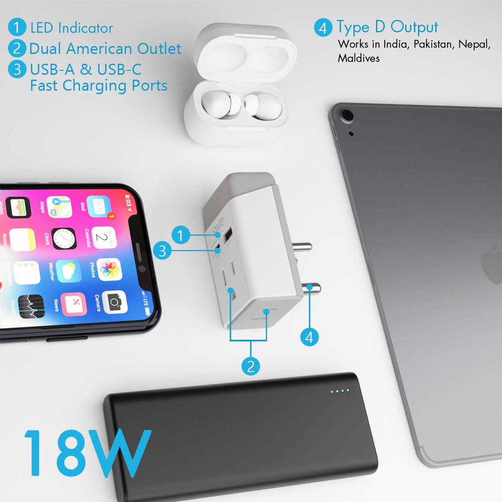 India Travel Adapter | Type D - USB-A & USB-C Ports + 2 USA Outlet (AP-10) Ceptics