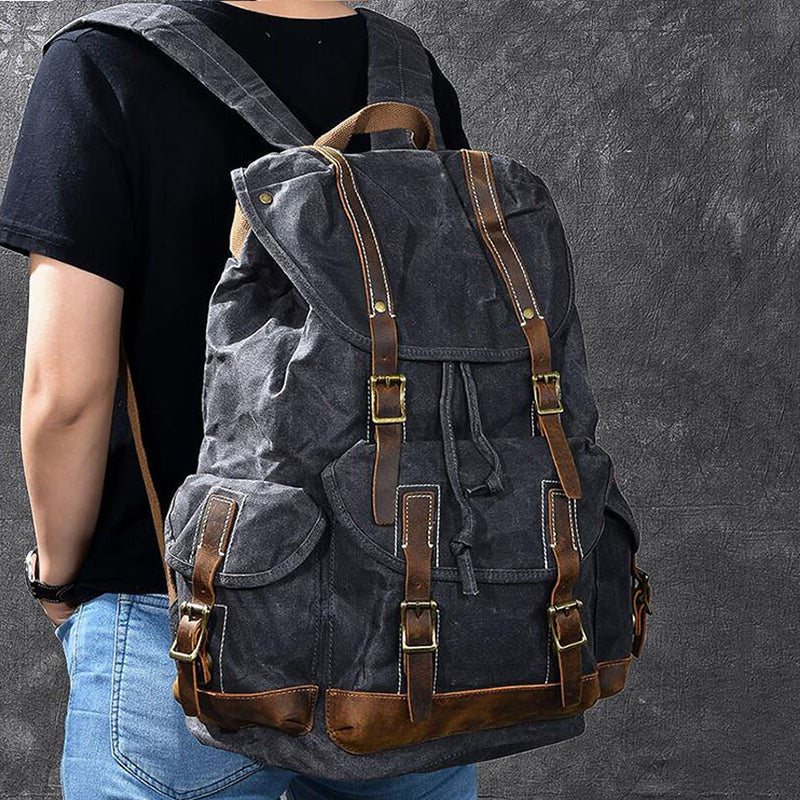 Waxed Canvas With Leather Backpack Vintage Large Capacity Backpack Travel Backpack RockCow Leather Studio