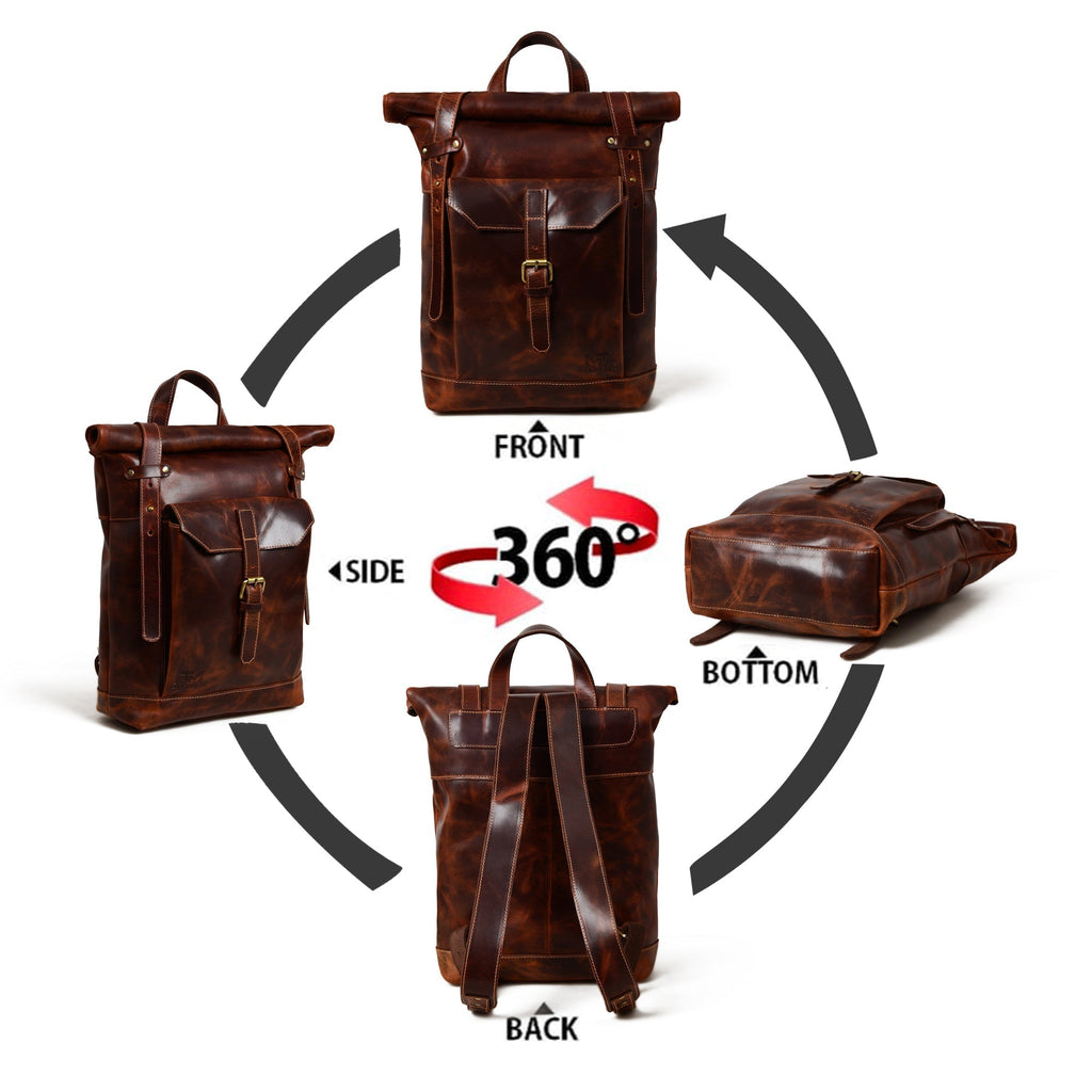 Brown Saddleback Backpack- Roll Top Classy Leather Bags