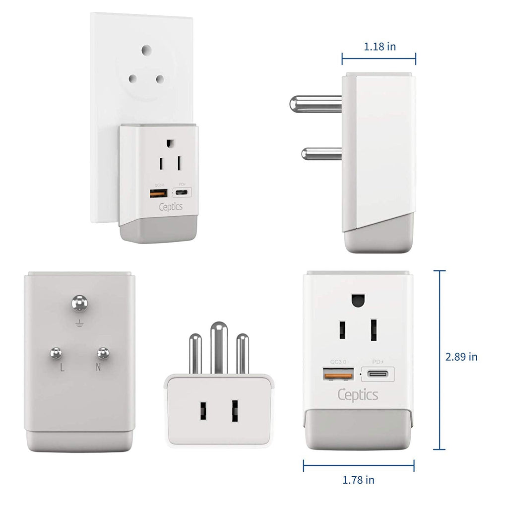 India Travel Adapter | Type D - USB-A & USB-C Ports + 2 USA Outlet (AP-10) Ceptics
