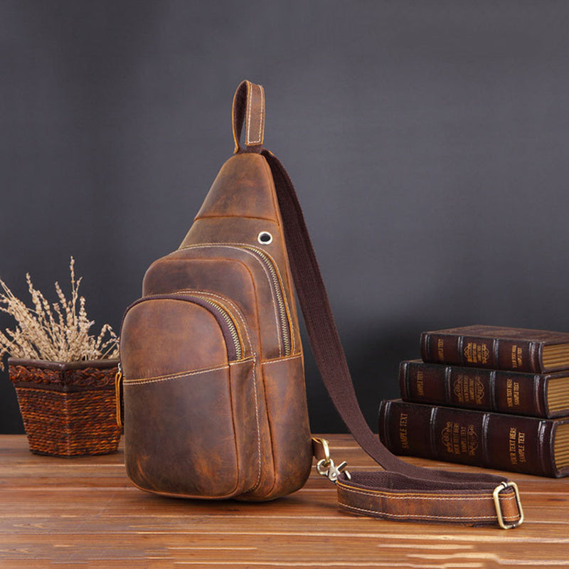 Crazy Horse Leather Chest Pack Handmade Chest Bag Casual Shoulder Messenger Bag RockCow Leather Studio