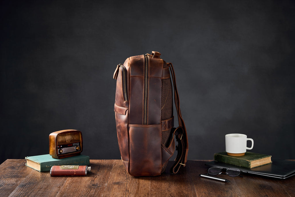 Crazy Horse Leather Backpack Men Laptop Backpack Handmade Travel Backpack MSG7635 RockCow Leather Studio