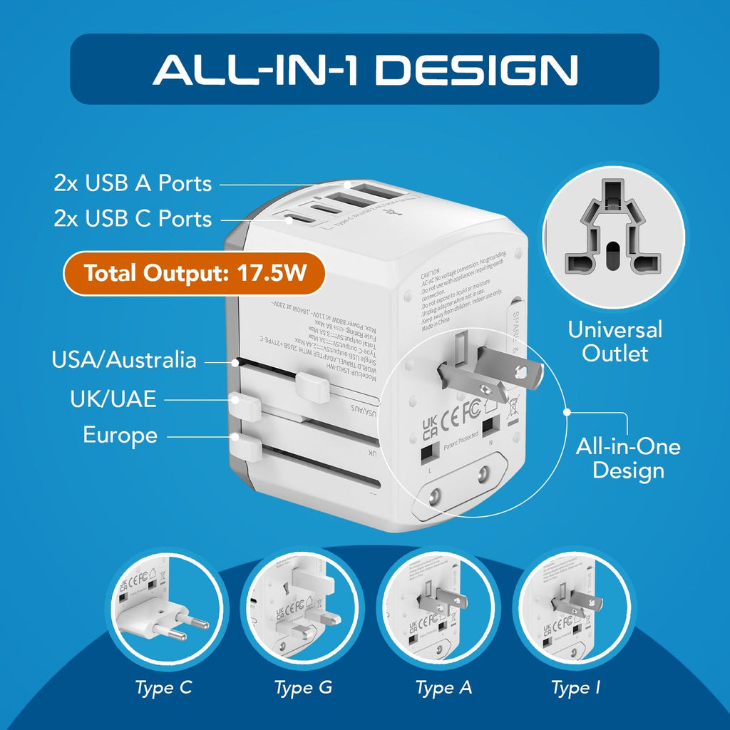 All-In-One International Travel Adapter - 5 in 1 - 2 USB-A & 2 USB-C - Max. 17.5W (3.5A) - White (UP-15KU-WH) Ceptics