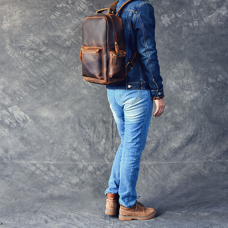 Men Retro Backpack Crazy Horse Leather Travel Backpack Laptop Backpack RockCow Leather Studio
