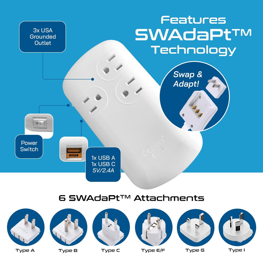 300W Step Down Converter – 3x USA Outlets & 1 USB-A + 1 USB-C PD 18W – AC 220-240V 50Hz to 110-120V 60Hz Travel Voltage & Frequency Converter - (PU-300-WS) Ceptics