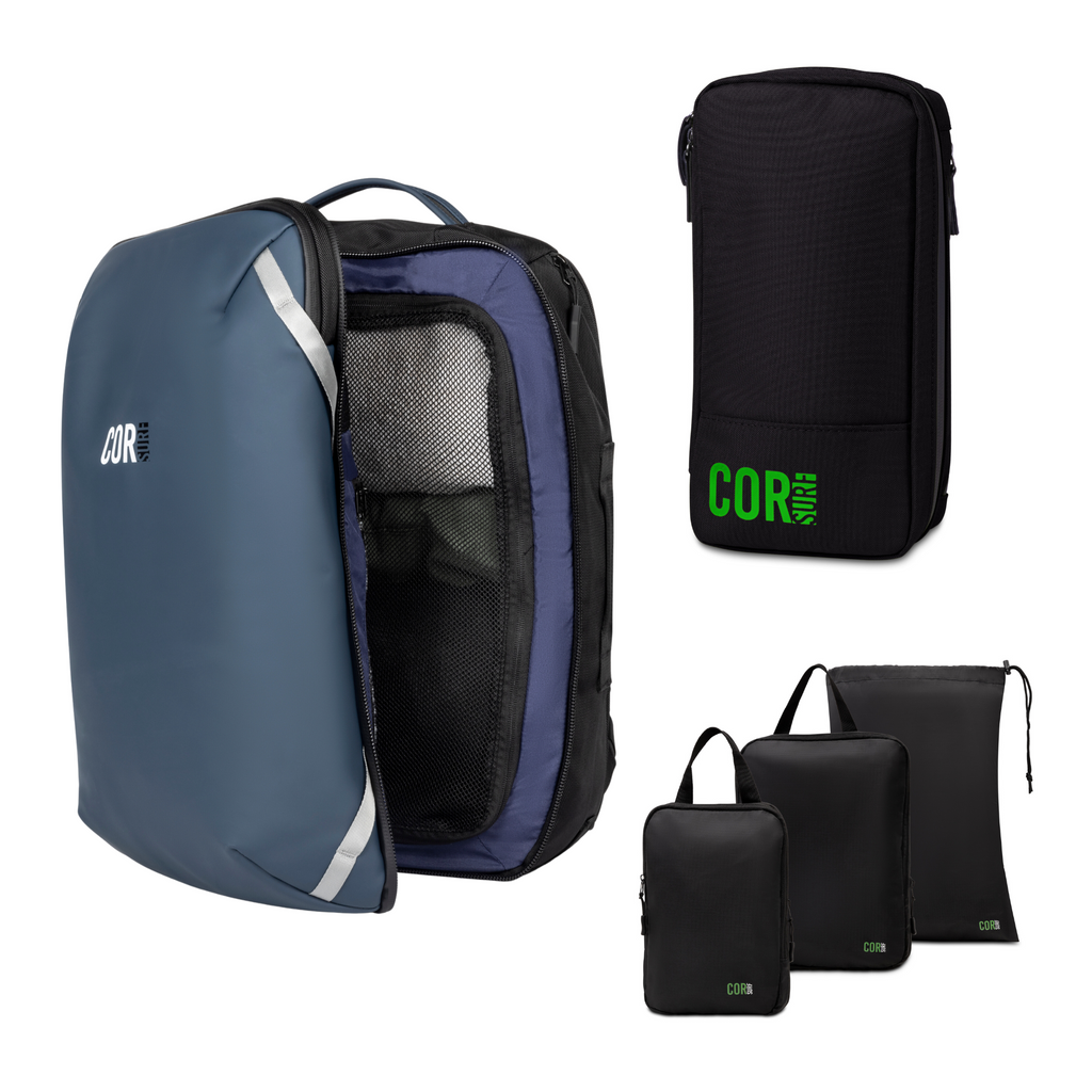 Island Hopper Travel Bundle - Backpack + Toiletry Bag + Compression Packing Cubes with YKK COR Surf