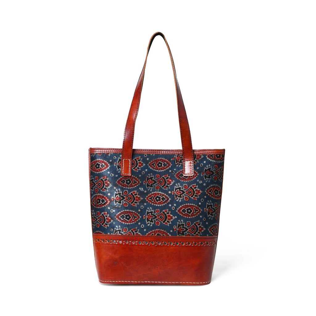Neela Ajrakh Leather Tote Bag Classy Leather Bags