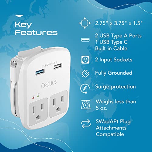 World-Way 13 Travel Adapter Kit | 2 USB + 2 US Outlets - Grounded (WPS-2B+ALL) Ceptics