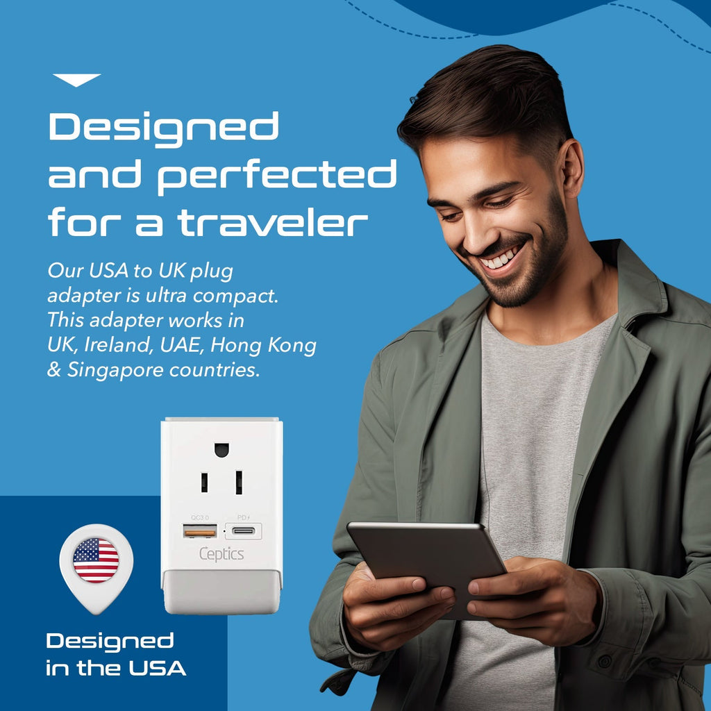 UK, England Travel Adapter | Type G - USB-A & USB-C Ports + 2 USA Outlet (AP-7) Ceptics