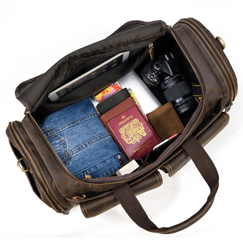 Crazy Horse Leather Duffle Bag Retro Large Capacity Tote Travel Bag Mens Weekender Overnight Bag RockCow Leather Studio
