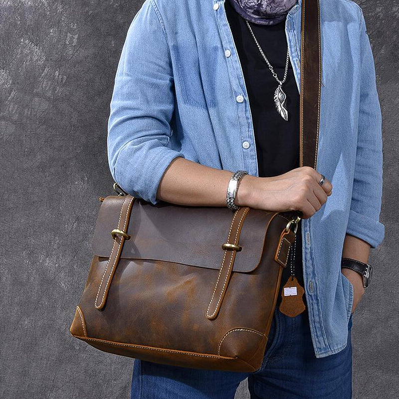 Crazy Horse Leather Men's Briefcase Retro Messenger Bag RockCow Leather Studio