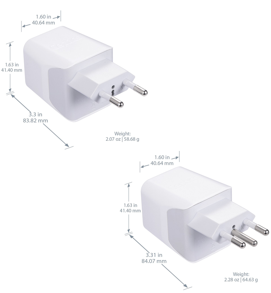Brazil Travel Adapter Plug Combo - Type C, N | Dual USB - Brazilian Combo (CTU-9C-11C) Ceptics
