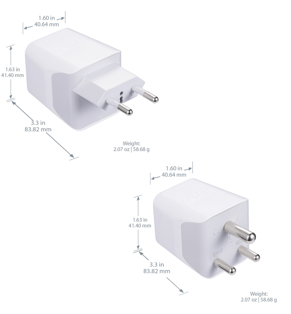 India Travel Adapter Plug Combo - Type C, D | Dual USB - Indian Combo (CTU-9C-10) Ceptics