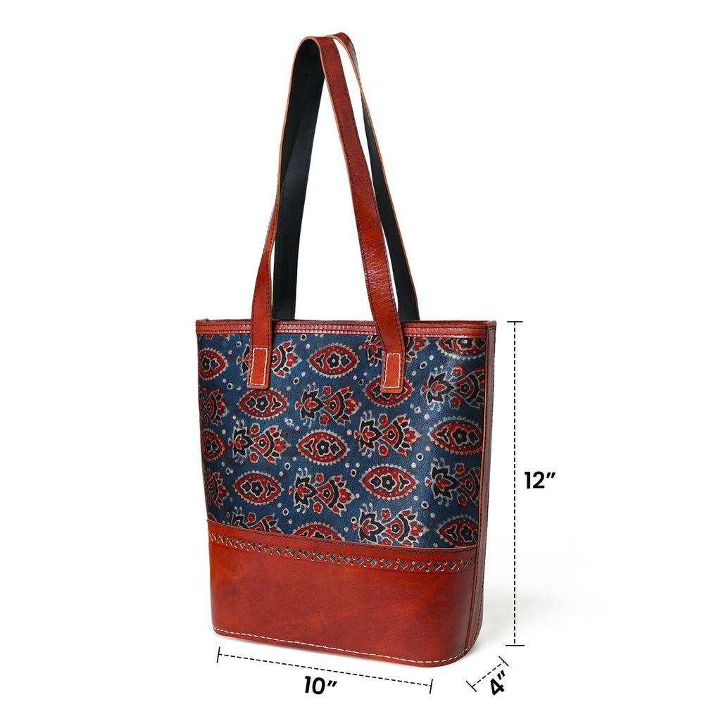 Neela Ajrakh Leather Tote Bag Classy Leather Bags