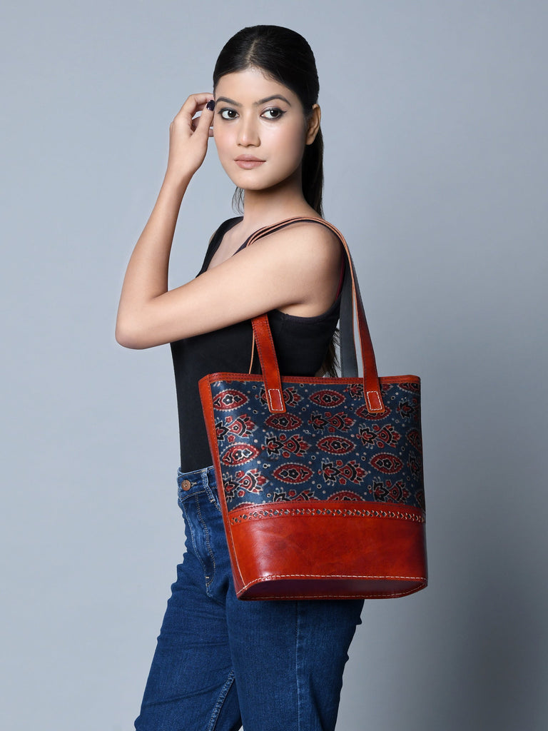 Neela Ajrakh Leather Tote Bag Classy Leather Bags