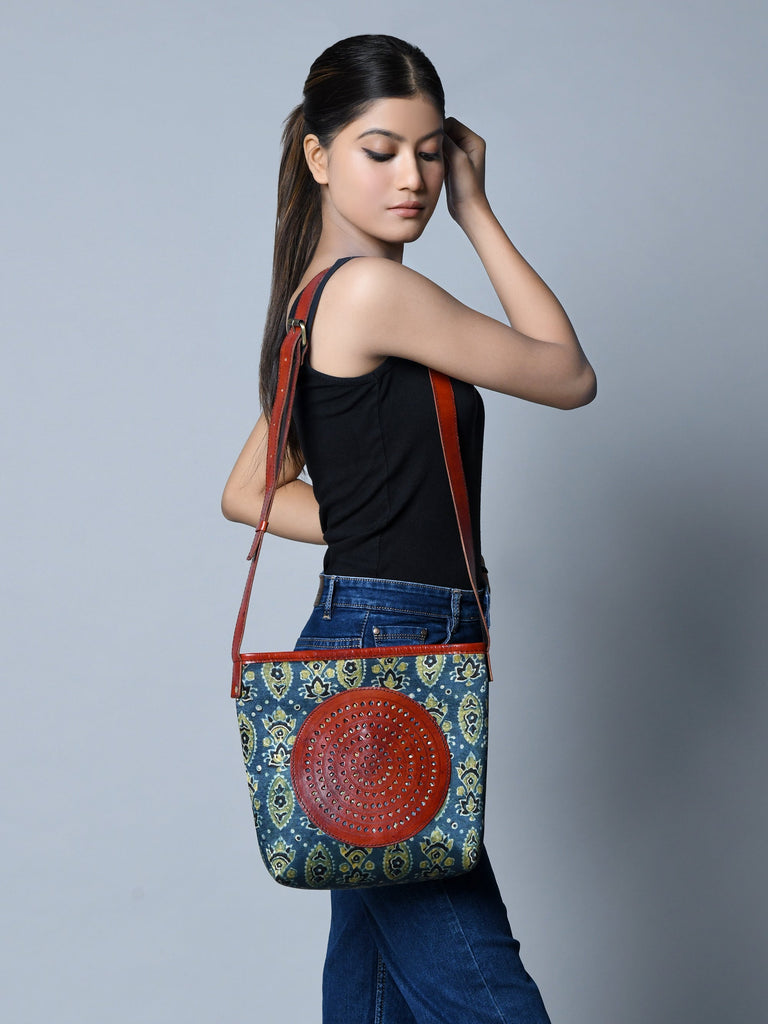 Heritage Ajrakh Leather Tote Bag Classy Leather Bags