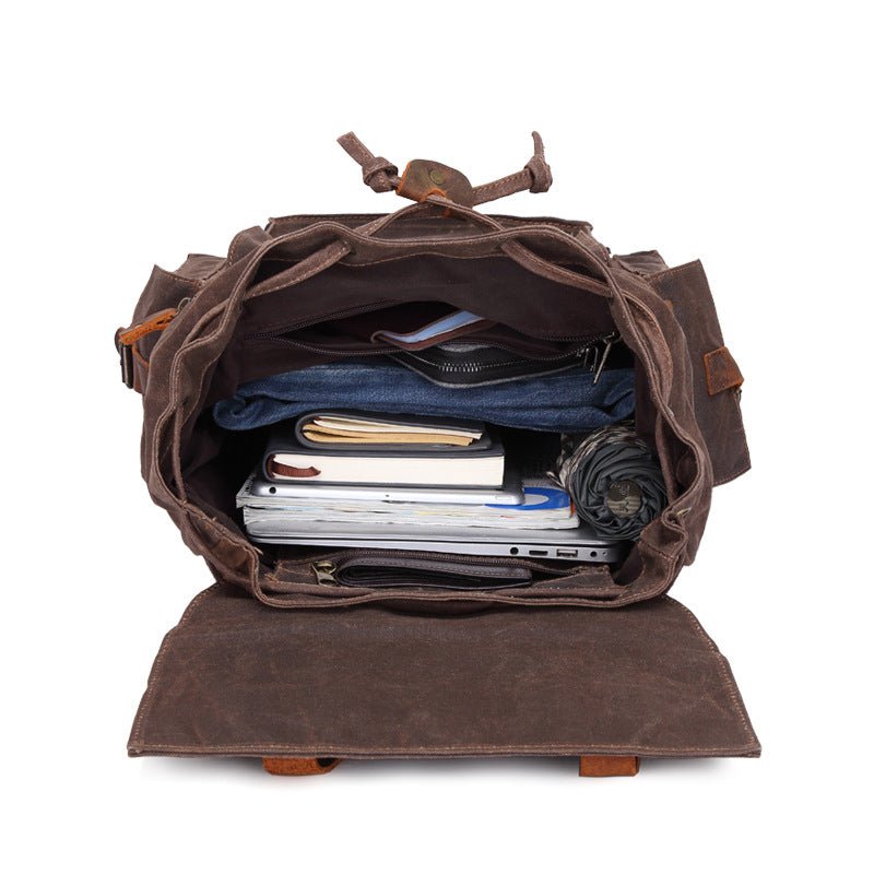 Outing Waxed Canvas Leather Backpack, Big Capacity Laptop Backpack, Vintage Waterproof Shoulder School Bag 5358 RockCow Leather Studio