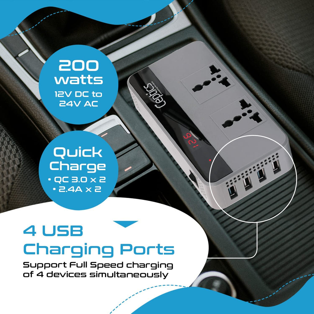 Ceptics 200W Car Power Inverter Charger with Digital Display and SmartVoltage™ Technology (PI-200W4U) Ceptics