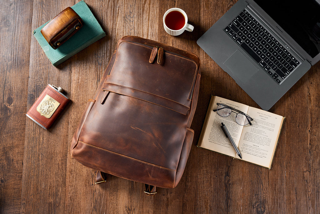 Crazy Horse Leather Backpack Men Laptop Backpack Handmade Travel Backpack MSG7635 RockCow Leather Studio