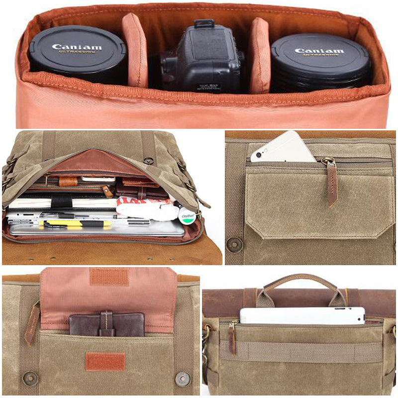 Waterproof Canvas DSLR Camera Bag Canvas Shoulder Camera Bag Messenger Bag QSM3032 RockCow Leather Studio