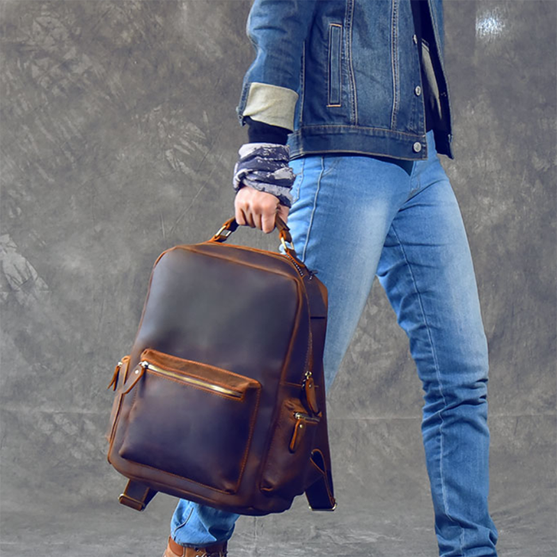 Men Retro Backpack Crazy Horse Leather Travel Backpack Laptop Backpack RockCow Leather Studio