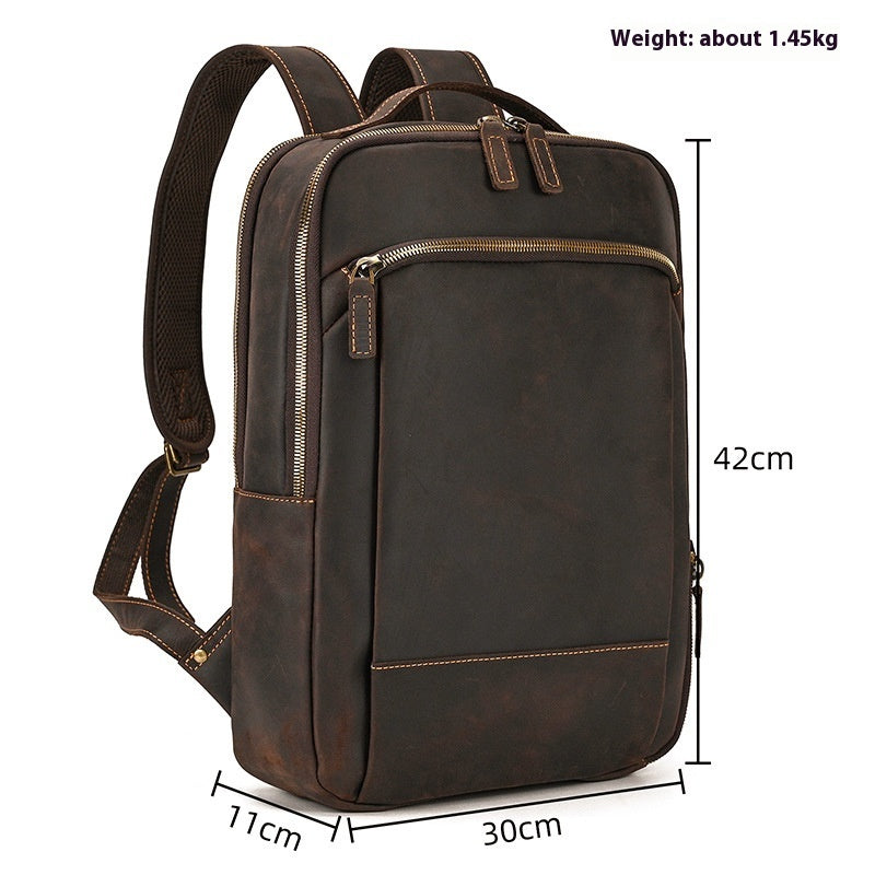 Double Zipper Main Bag Genuine Leather Large Capacity Crazy Horse Leather Outdoor Travel Leisure Backpack Social Buzz eSIMs