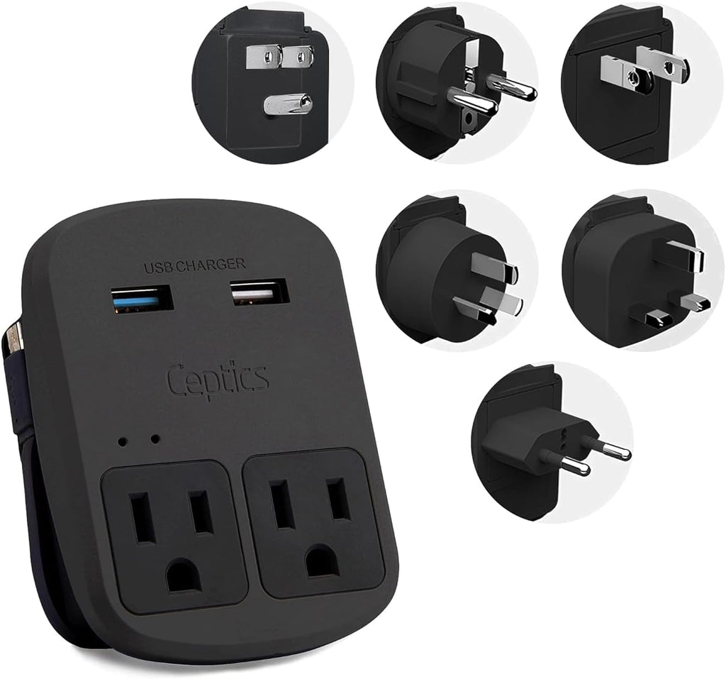 World-Way 6 Travel Adapter Kit | 2 USB + 2 US Outlets - Grounded (WPS-2B) Ceptics